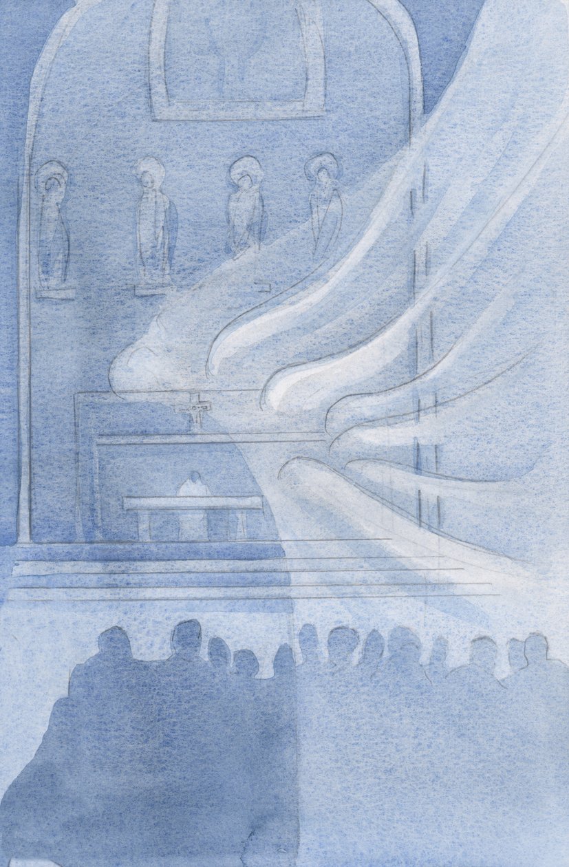 Änglarna avgudar Kristus i den heliga eukaristin, 2001 (w/c på papper) av Elizabeth Wang