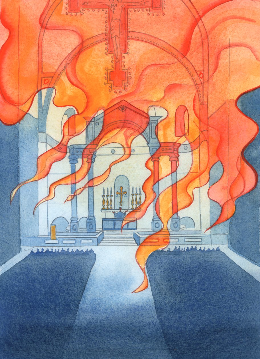 Kyrkan eller katedralen där katoliker ber vilar i Guds omsorg, 2003 (w/c på papper) av Elizabeth Wang