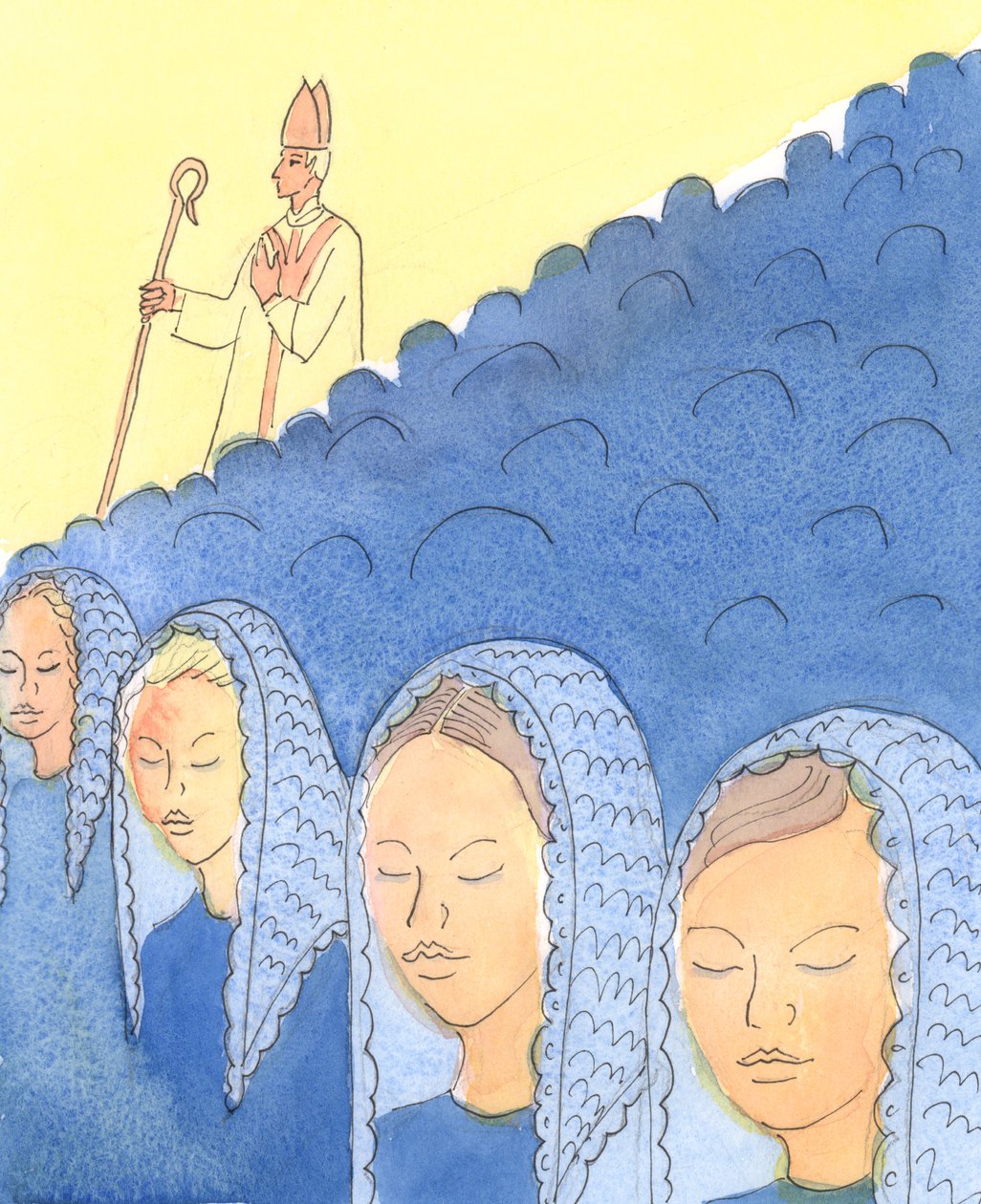 Att täcka och avtäcka huvudet är viktigt för Bishops, 2004 (w/c på papper) av Elizabeth Wang