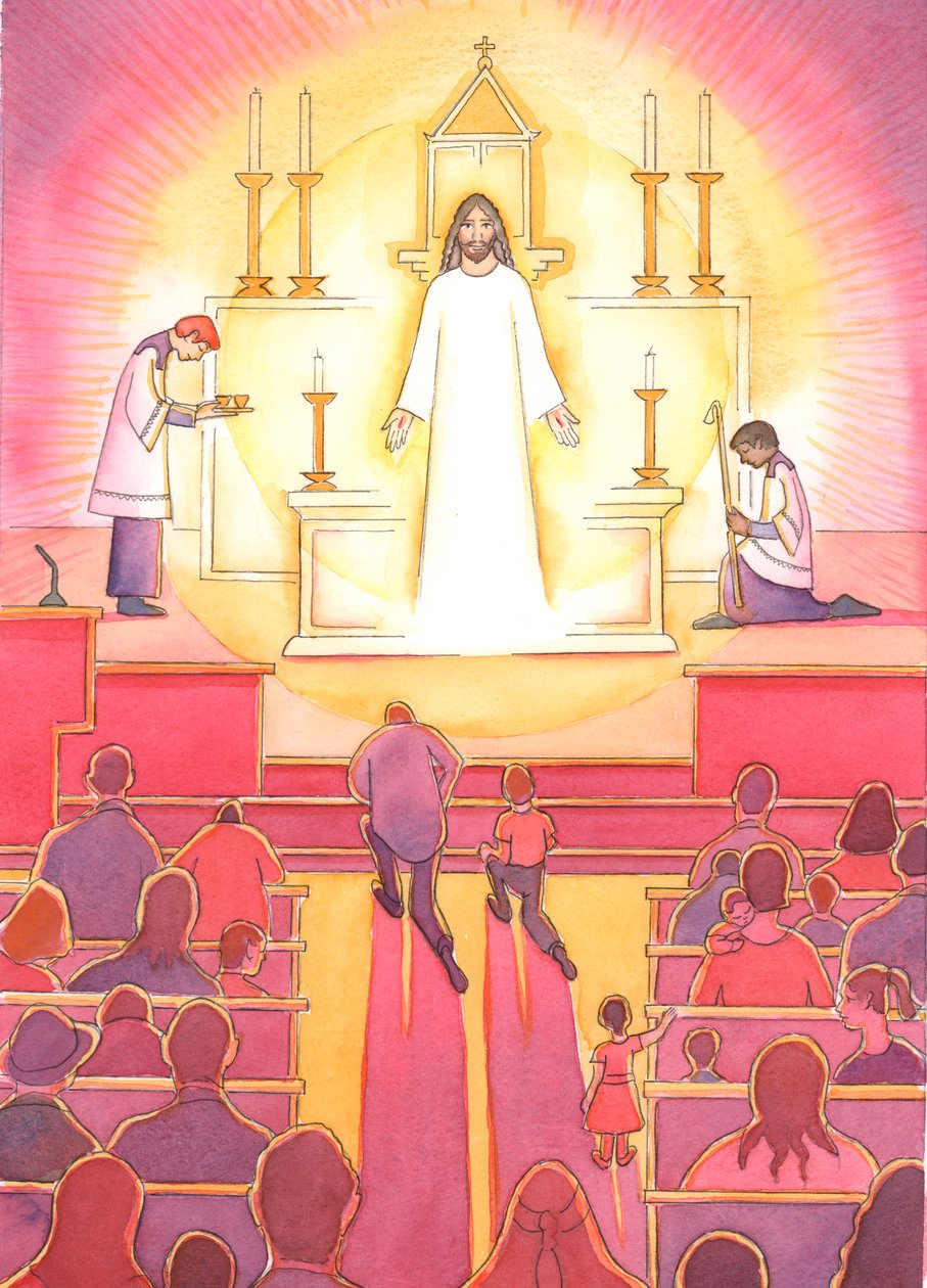 "Juvelen" i hjärtat av en katolsk kyrka är Jesus, vår gudomliga frälsare, närvarande i tabernaklet, 2004 (w/c på papper) av Elizabeth Wang