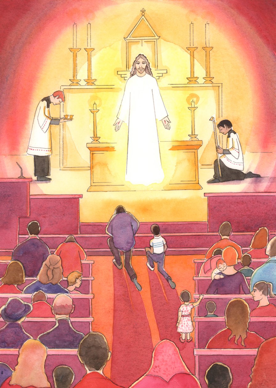 "Juvelen" i hjärtat av en katolsk kyrka är Jesus, vår gudomliga frälsare, närvarande i tabernaklet, 2004 (w/c på papper) av Elizabeth Wang