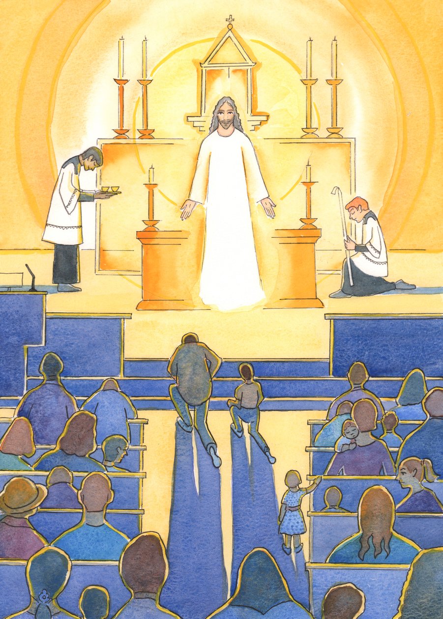 "Juvelen" i hjärtat av en katolsk kyrka är Jesus, vår gudomliga frälsare, närvarande i tabernaklet, 2004 (w/c på papper) av Elizabeth Wang