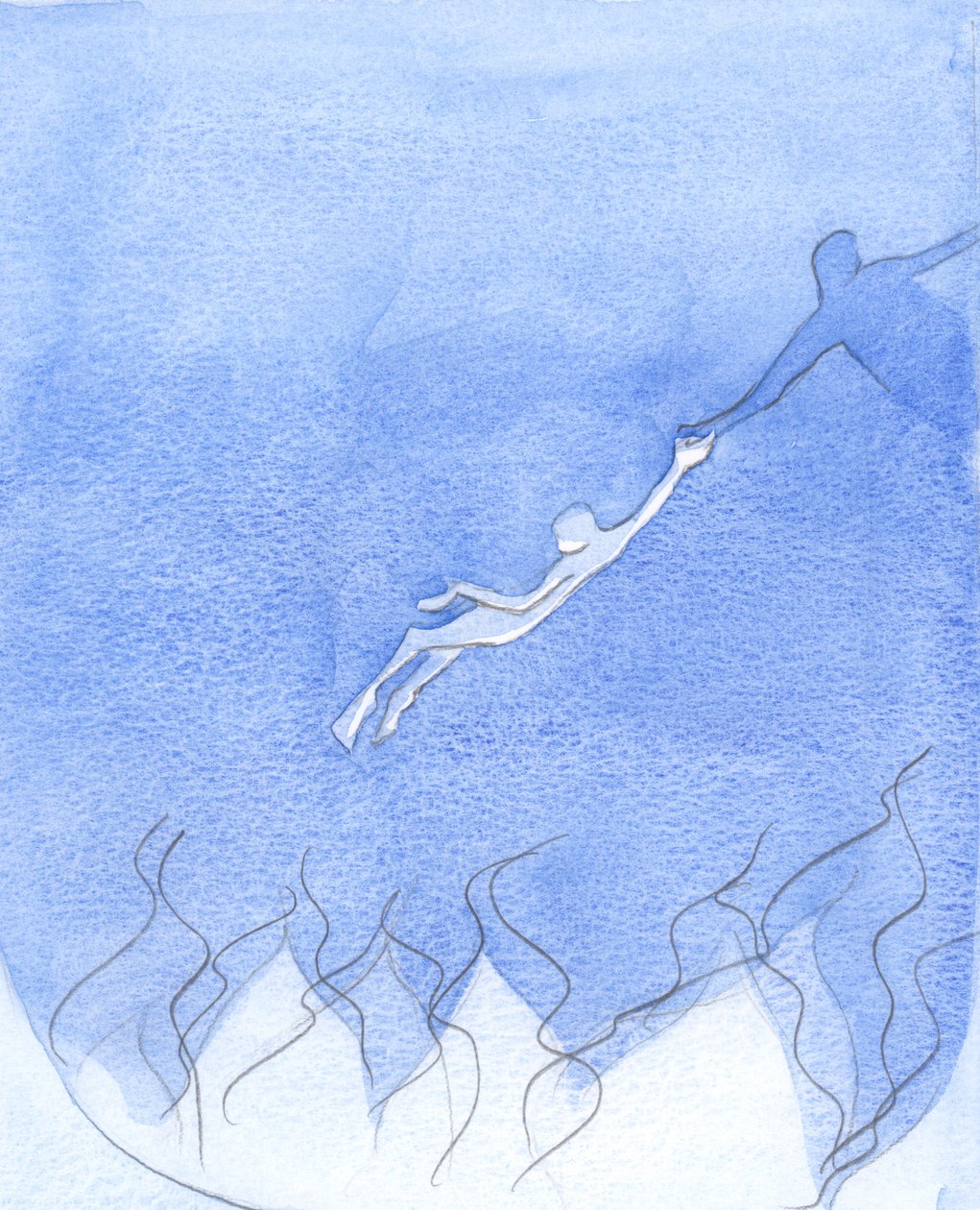 Den som kärleksfullt "räcker ut en hand", i bön för de döende, kan rädda någon även från helvetets rand, 2001 (w/c på papper) av Elizabeth Wang