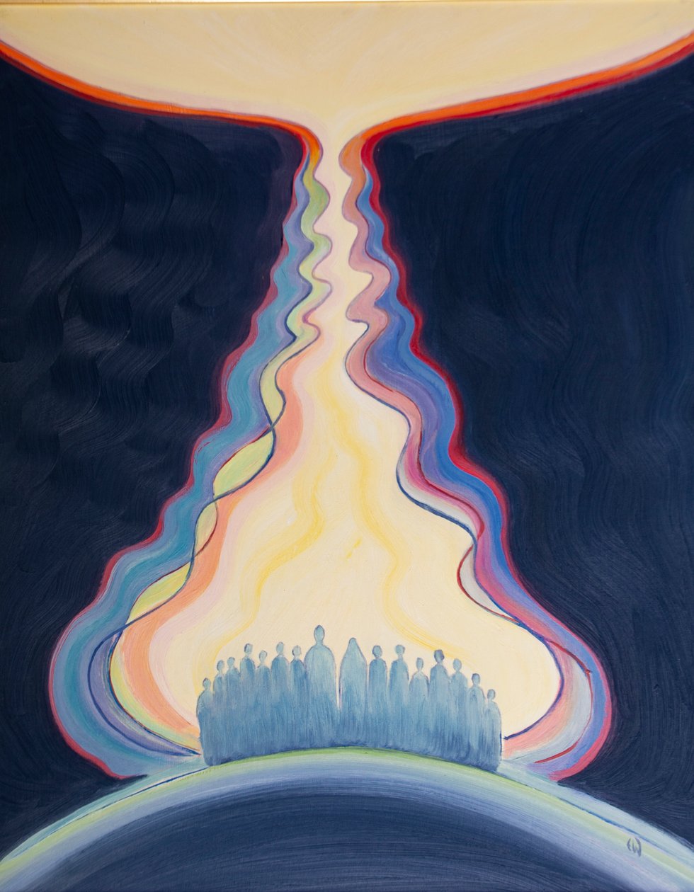 Kyrkans bön, framförd genom Jesus och med Maria, är som en navelsträng som förenar oss till himlen, 2001 (olja ombord) av Elizabeth Wang