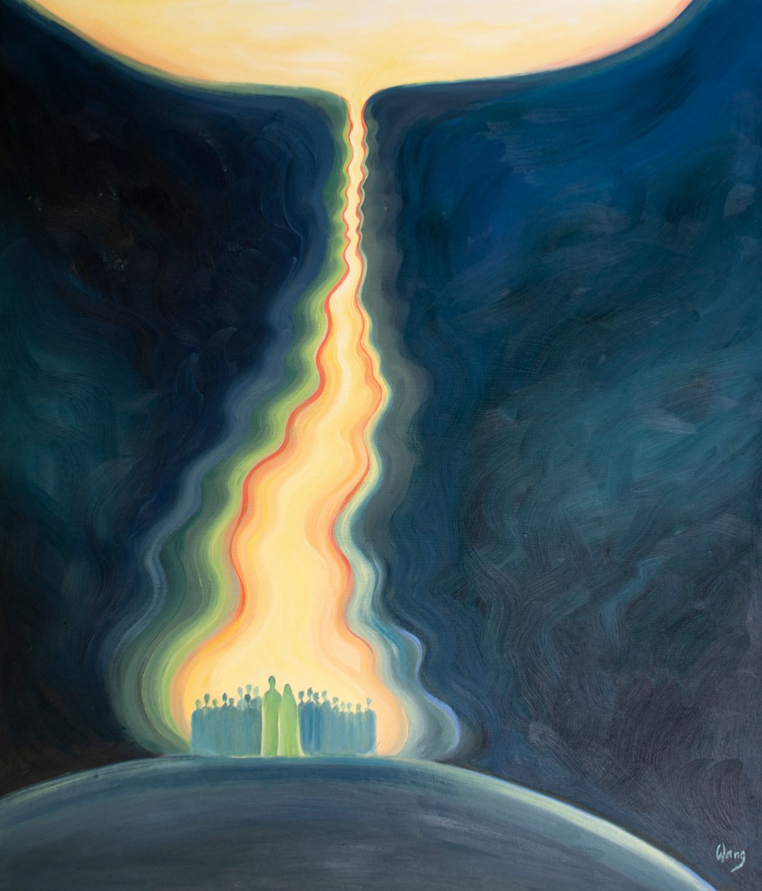 Kyrkans bön, framförd genom Jesus och med Maria, är som en navelsträng som stiger upp till Fadern och förenar oss till himlen., 2001 (olja ombord) av Elizabeth Wang