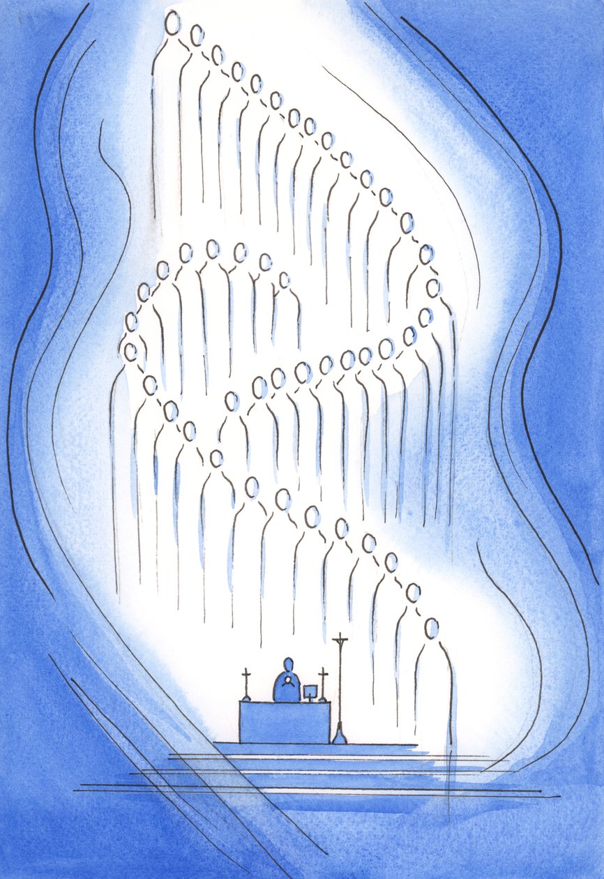 De heliga är närvarande hos oss i helgedomen, 2001 (w/c på papper) av Elizabeth Wang