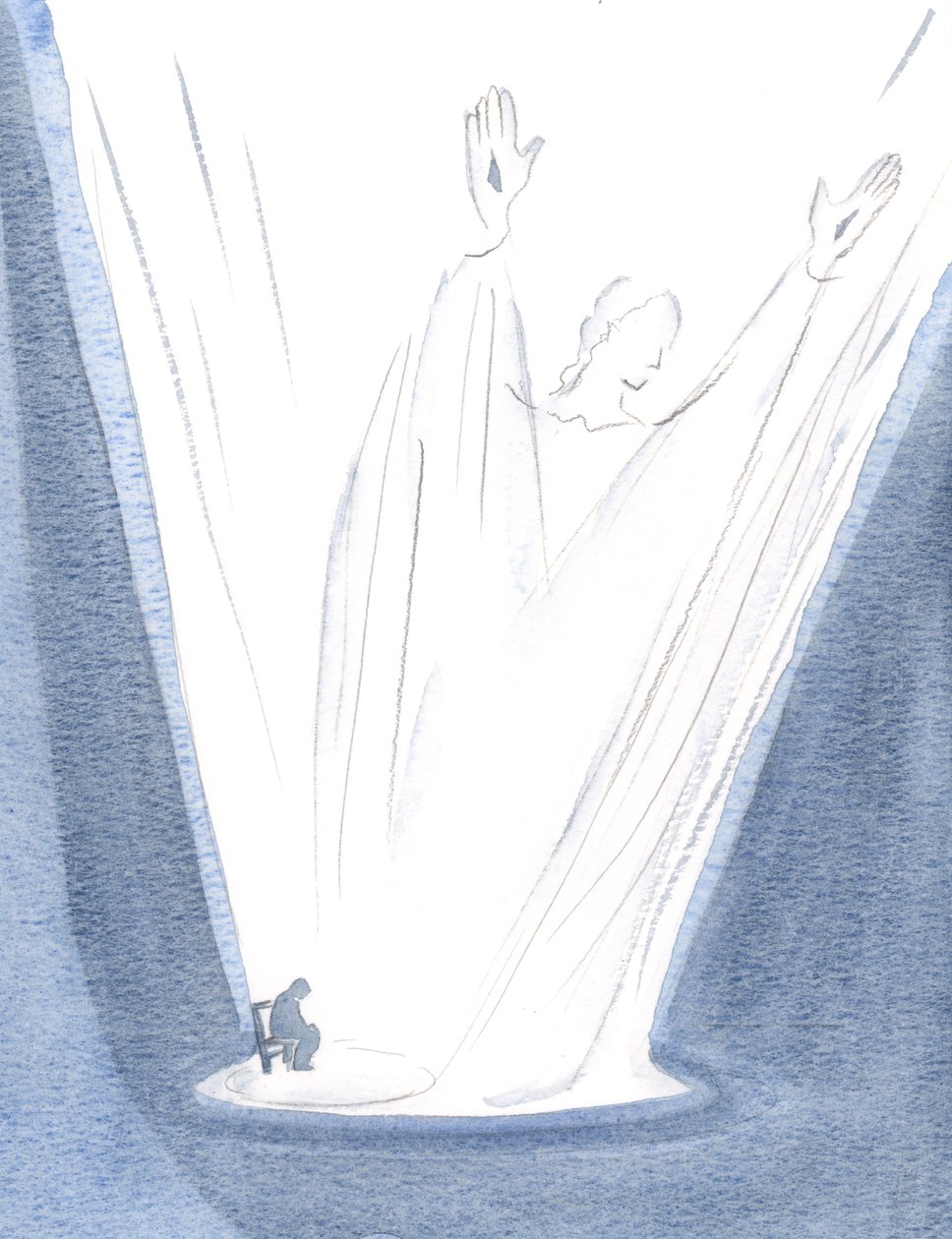 Den lilla bönen som stiger upp från mig och från Kristus är härlig och gigantisk., 2000 (w/c på papper) av Elizabeth Wang