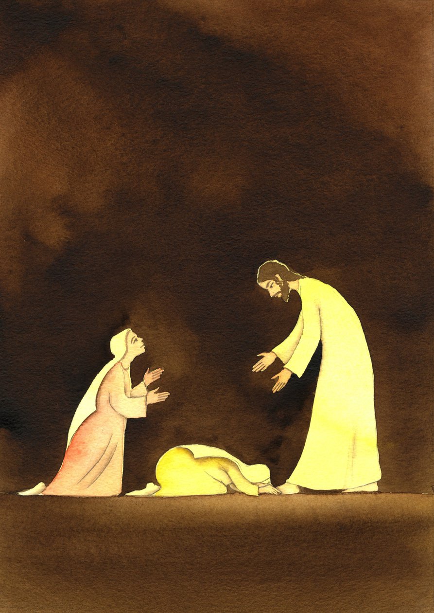 The two Marys with the Risen Christ, 2001 (w/c på papper) av Elizabeth Wang