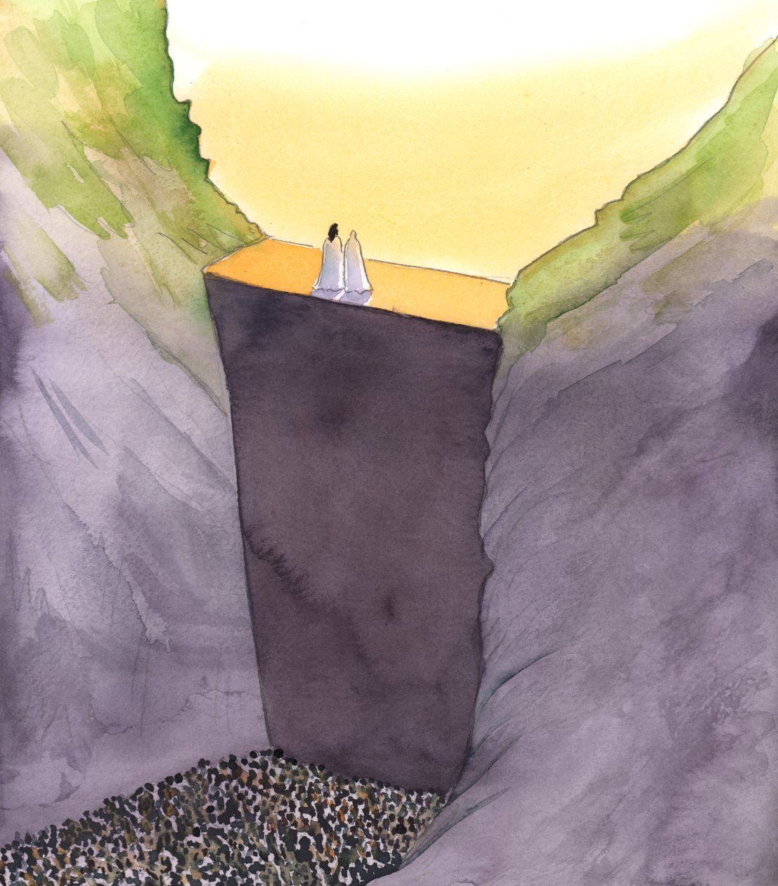 Syndens mur, som skiljer oss från Gud, skalas endast av Kristus, som står med sin moder. Han ensam kan hjälpa oss att nå himlens ära, 2002 (w/c på papper) av Elizabeth Wang