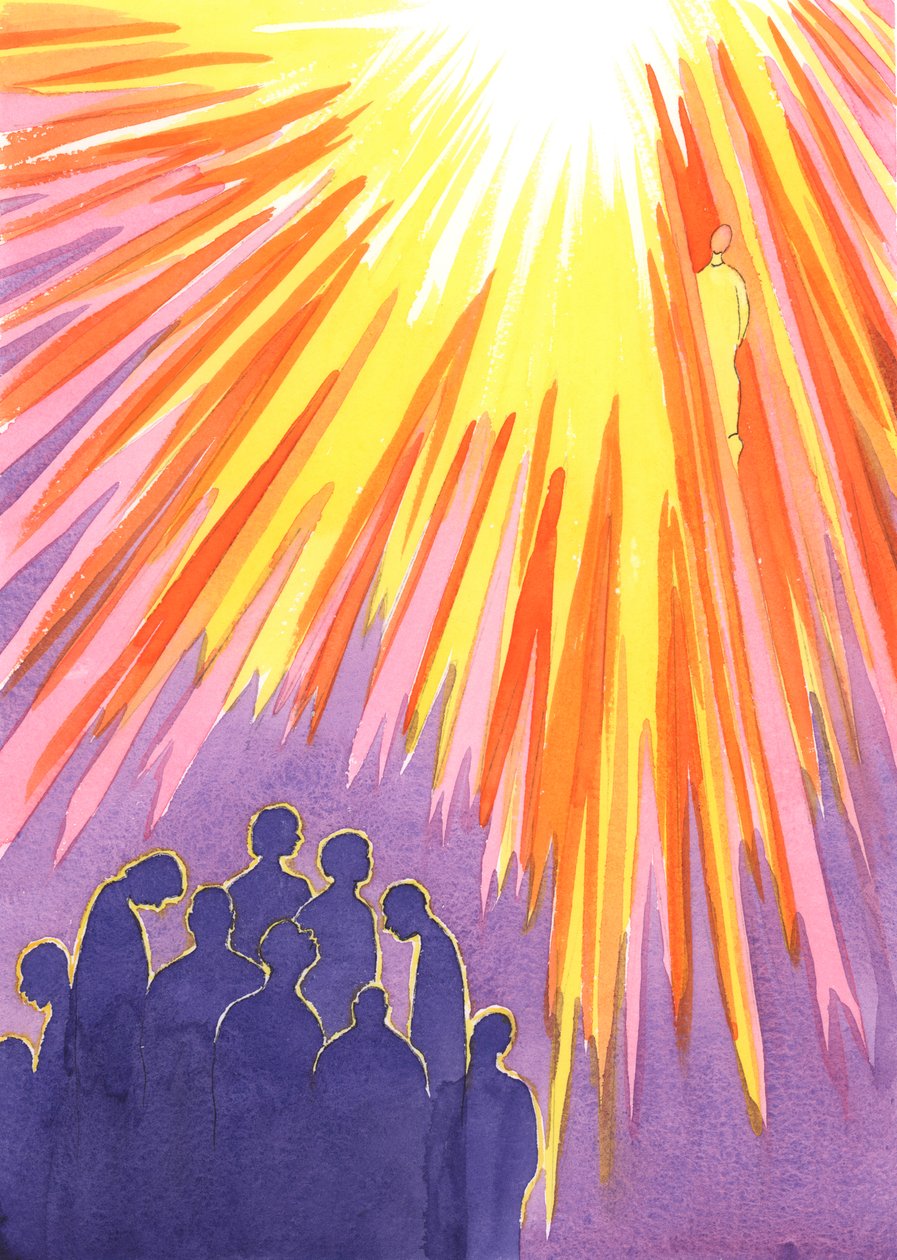 De som vägrar att omvända sig från allvarlig synd och dör, kan inte komma in i himlen; men de heliga själarna, som är öppna för Kristi barmhärtighet, kommer in i himlen när de väl har blivit renade., 2001 (w/c på papper) av Elizabeth Wang