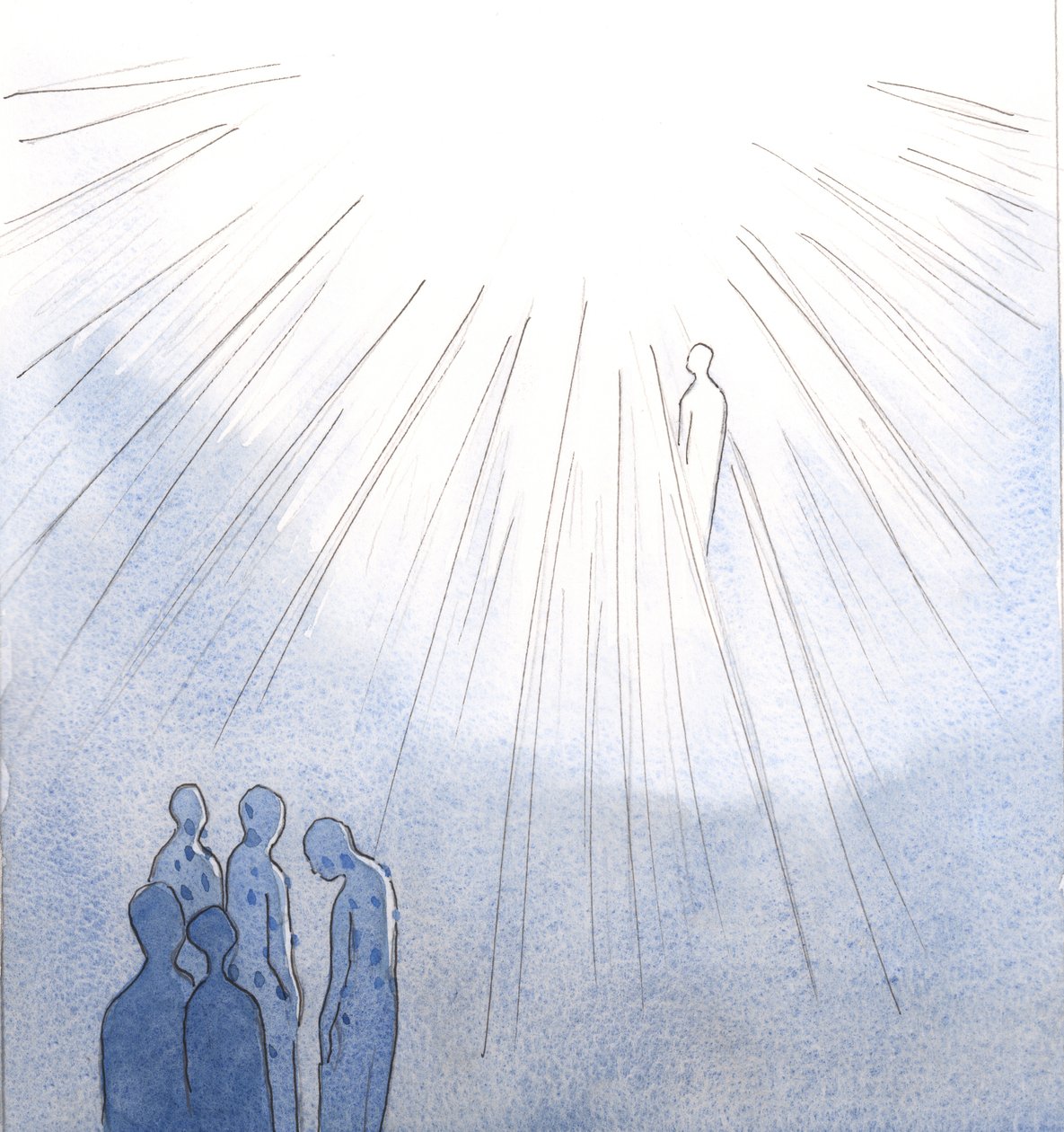 De som vägrar att omvända sig från allvarlig synd och dör, kan inte komma in i himlen; men de heliga själarna, som är öppna för Kristi barmhärtighet, kommer in i himlen när de väl har blivit renade., 2001 (w/c på papper) av Elizabeth Wang