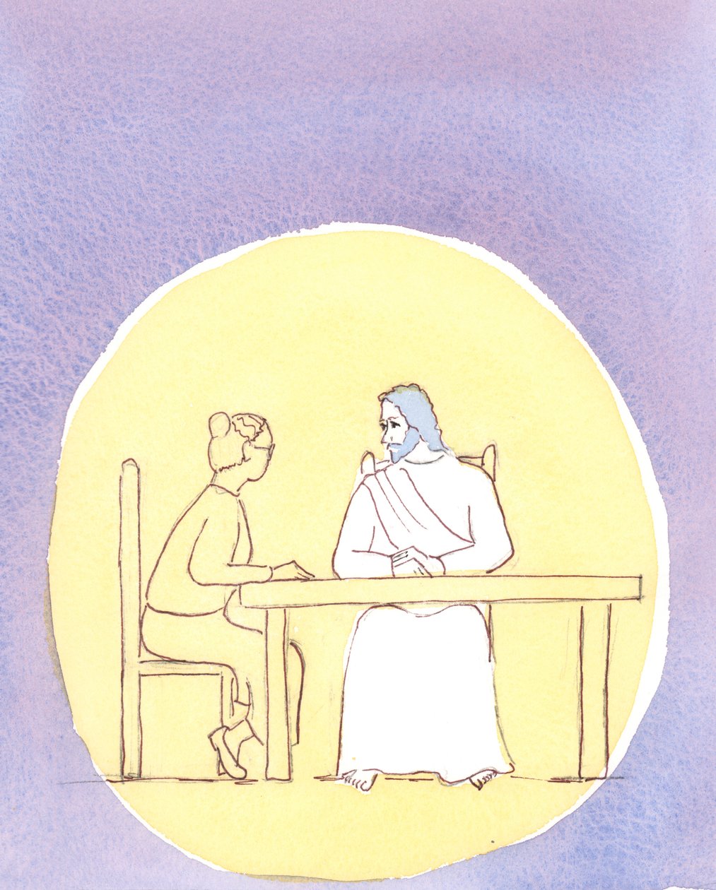 Genom nattvarden är vi närvarande med Kristus; och vi kan prata med honom lika intimt som om vi sitter runt köksbordet, 2004 (w/c på papper) av Elizabeth Wang