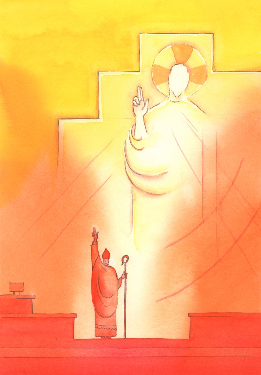 Genom varje biskop som är i gemenskap med påven, helgar, undervisar och vägleder Gud Fadern oss, 2002 (w/c på papper) av Elizabeth Wang