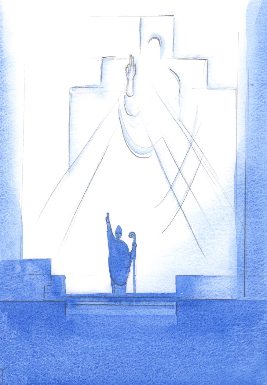 Genom varje biskop som är i gemenskap med påven, helgar, undervisar och vägleder Gud Fadern oss, 2002 (w/c på papper) av Elizabeth Wang
