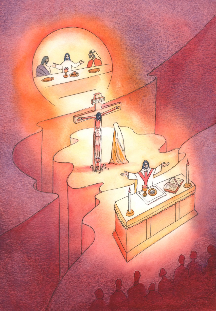 Genom nattvarden, som instiftades vid den sista måltiden, presenteras Golgataoffer på nytt i varje generation, 2001 (w/c på papper) av Elizabeth Wang