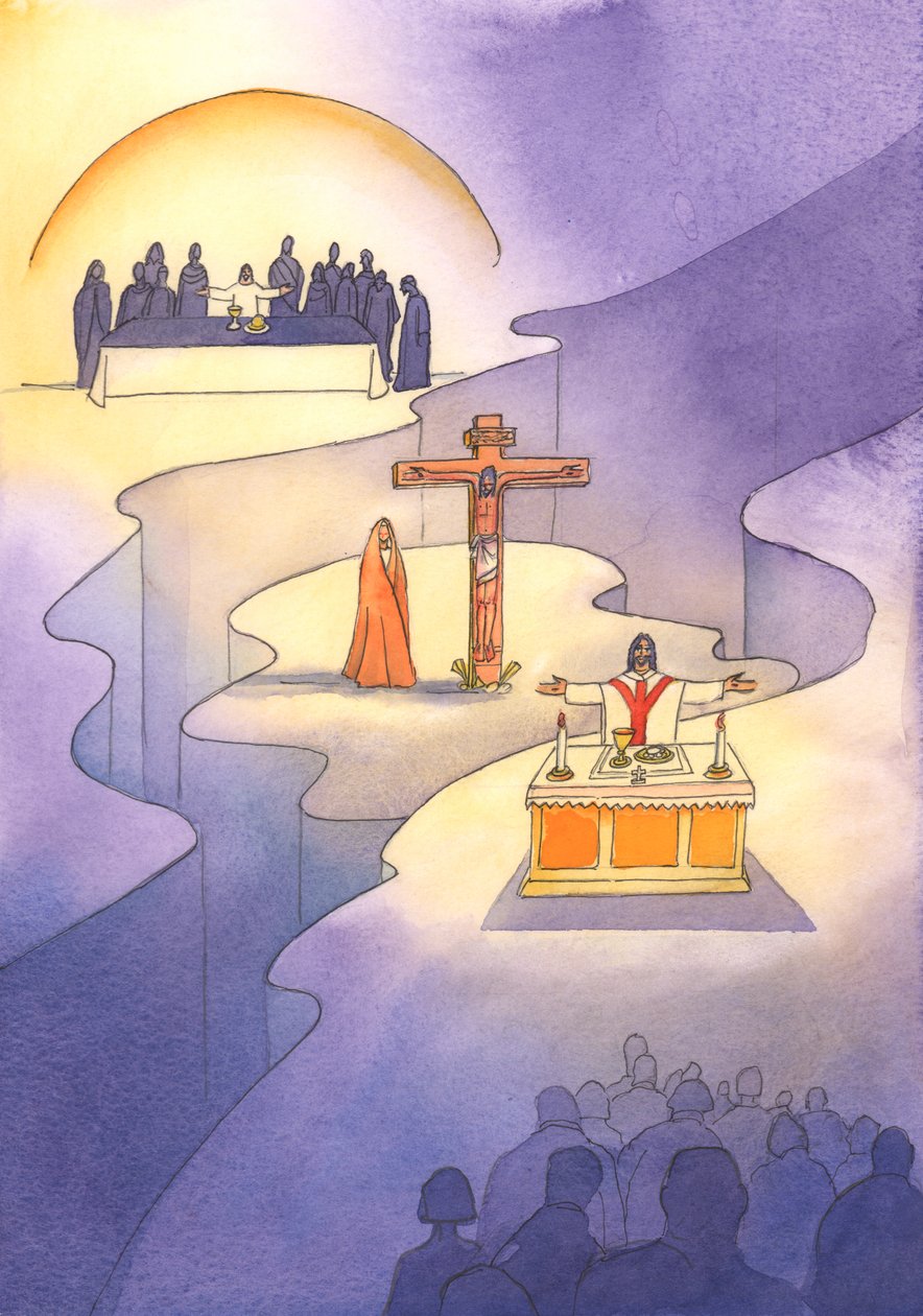 Genom nattvarden, som instiftades vid den sista måltiden, presenteras Golgataoffer på nytt i varje generation, 2001 (w/c på papper) av Elizabeth Wang