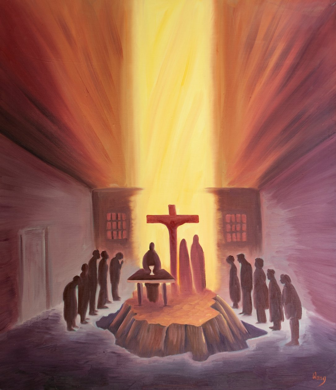 Genom mässan förenas vi med hela kyrkan kring Golgatakorset, 2001 (olja ombord) av Elizabeth Wang