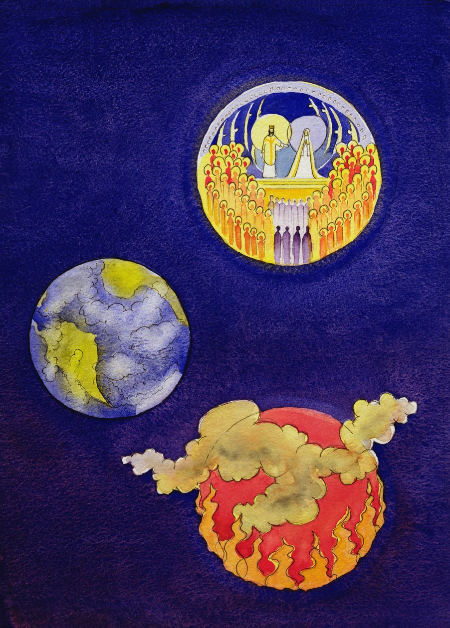 Genom Kristi nåd hoppas vi kunna nå himlen och undvika helvetet, 2005 (w/c på papper) av Elizabeth Wang