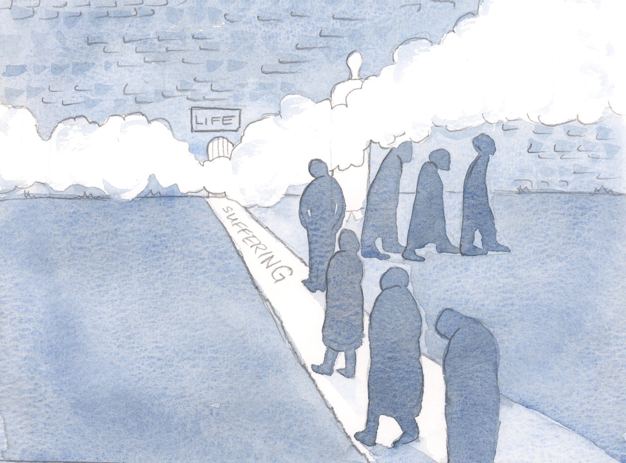 Vi hittar bara den lilla dörren till livet när vi följer lidandets väg., 2000 (w/c på papper) av Elizabeth Wang