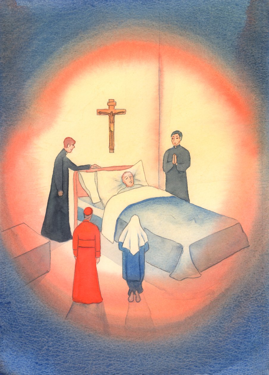 Vi borde förbereda oss för en "god död". En själ i fara kan räddas, genom tro och sakramenten - oavsett om det är föga kända människor eller påvar., 2003 (w/c på papper) av Elizabeth Wang