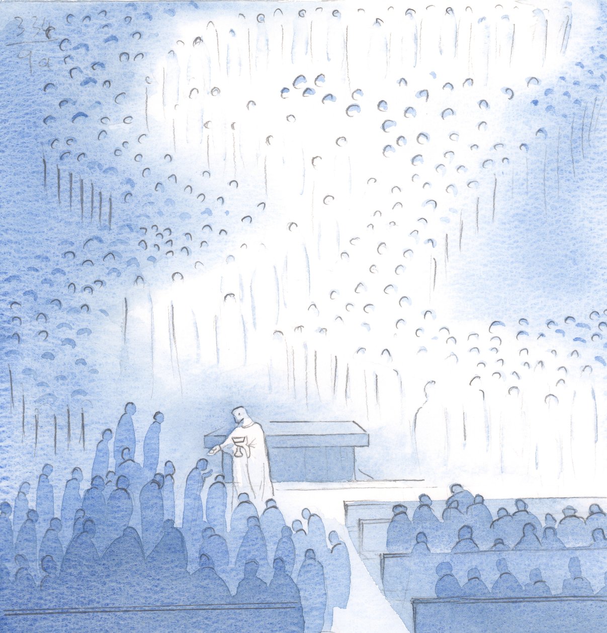 Vilken frid ges av Kristus, i nattvarden, med det stora sällskapet av änglar och helgon samlade här i glädje, 2000 (w/c på papper) av Elizabeth Wang