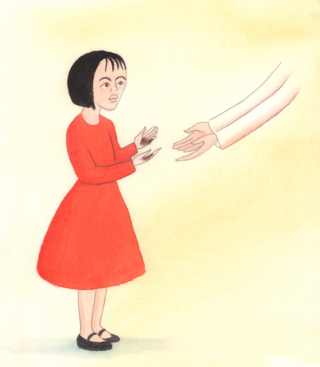 När Gud förlåter våra synder, är han lika öm som en mamma som går fram till sitt älskade barn och säger: "Strunt i, jag ska snart tvätta dessa märken av dina händer"., 2000 (w/c på papper) av Elizabeth Wang