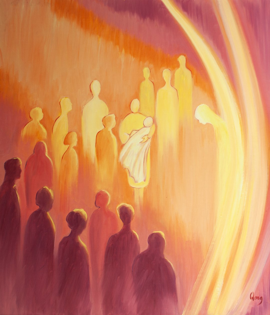 När ett barn får gudomligt liv vid dopet fylls dess skyddsängel av glädje, 2000 (olja ombord) av Elizabeth Wang