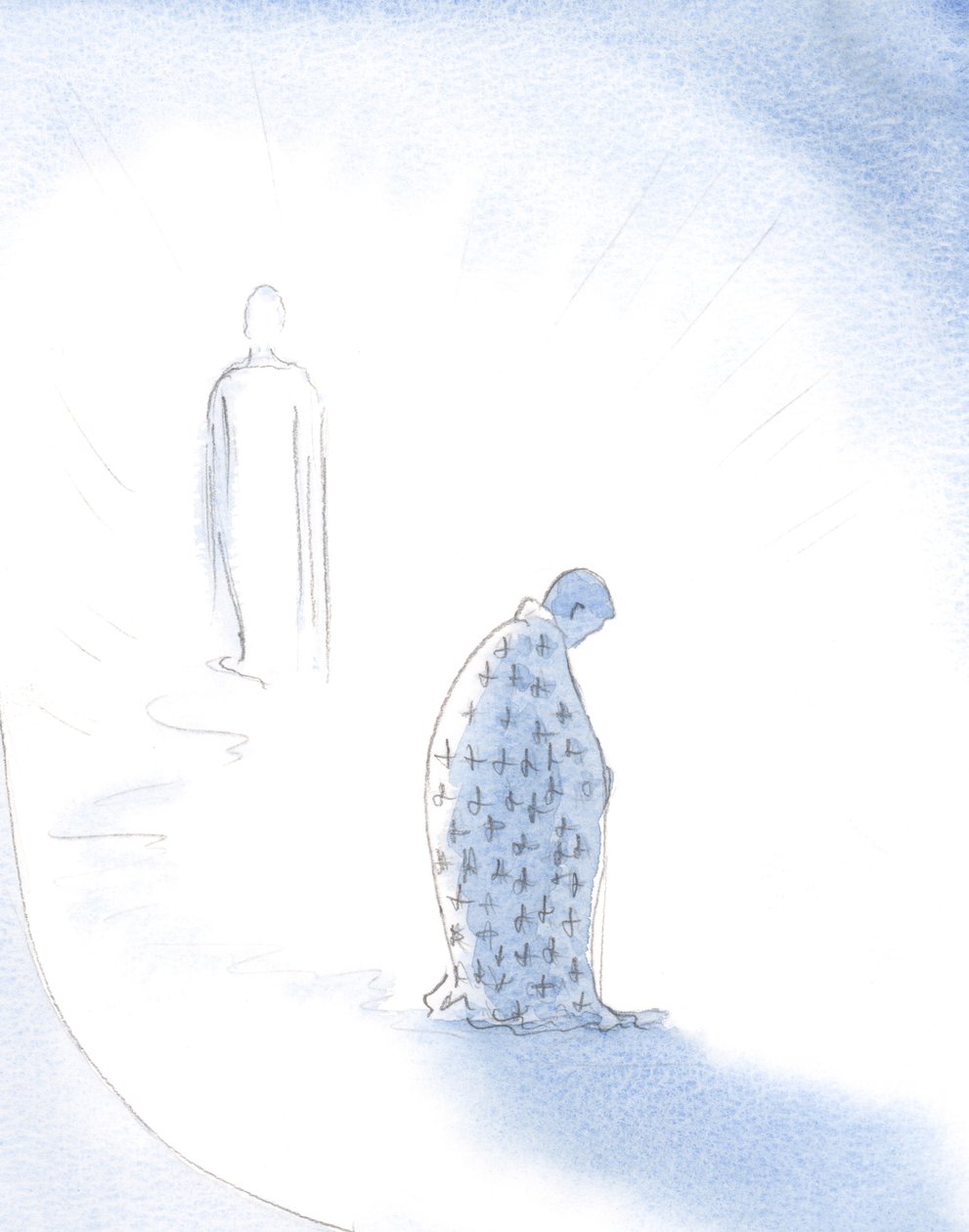 När en själ ger upp sina personliga ambitioner, för Kristi kärlek, ger Kristus till den den mantel den kommer att bära när den går mot Fadern., 2001 (w/c på papper) av Elizabeth Wang