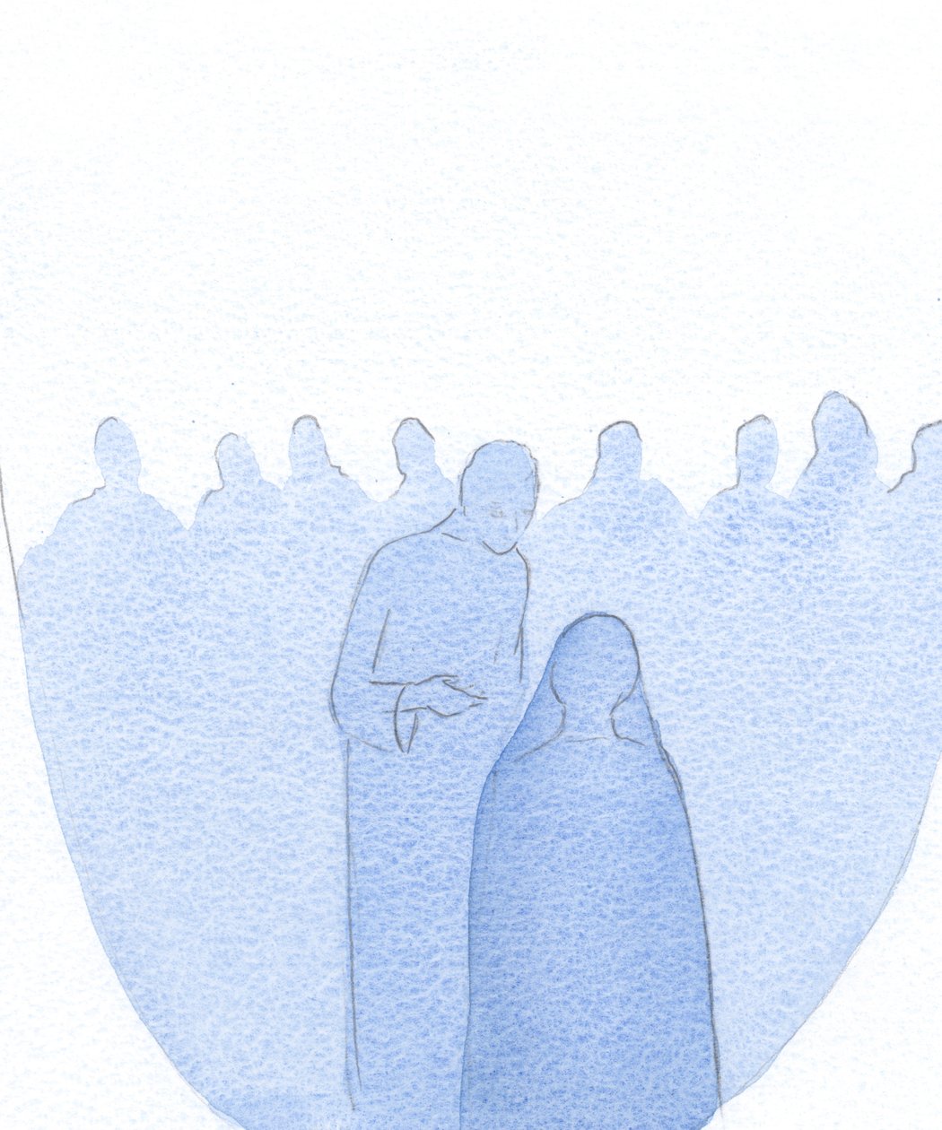 När barnet Jesus hittades i templet lutade han sig framåt och förklarade tyst för sin heliga moder (med oändlig vänlighet) att hans arbete redan hade börjat., 2001 (w/c på papper) av Elizabeth Wang
