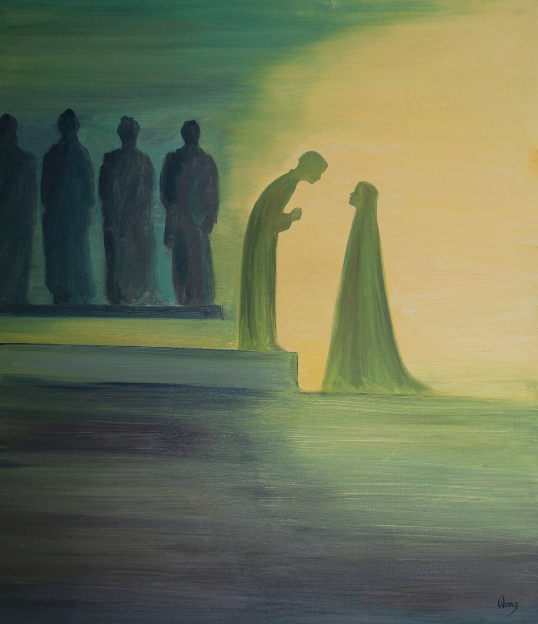 När barnet Jesus hittades i templet lutade han sig framåt och förklarade tyst för sin heliga moder (med oändlig vänlighet) att hans arbete redan hade börjat., 2001 (olja ombord) av Elizabeth Wang