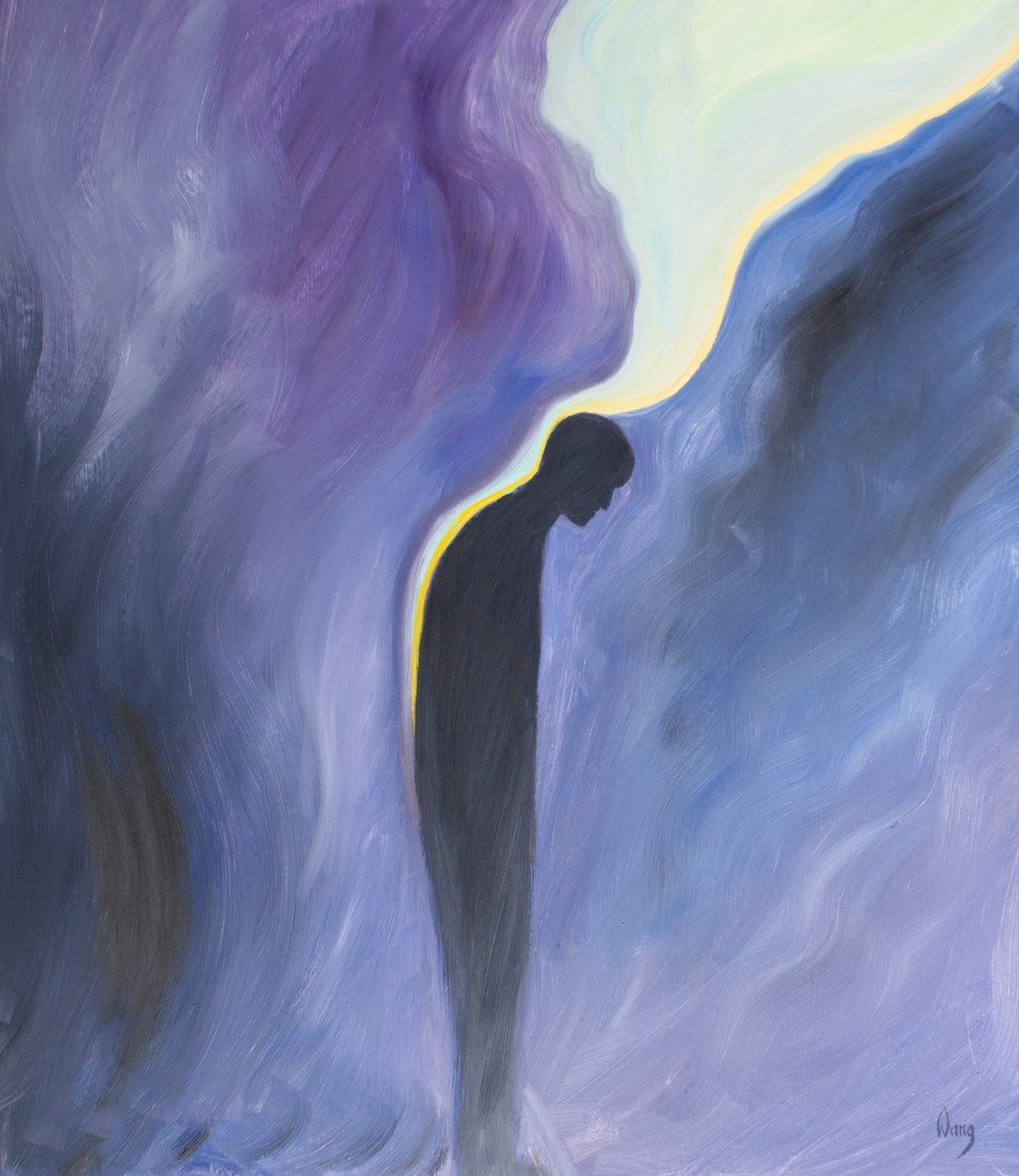 När vi ber Vår Fru att be för skärseldens själar, gör hon det, och Guds renande nåd hälls över dem som en lugnande balsam, 2001 (olja ombord) av Elizabeth Wang