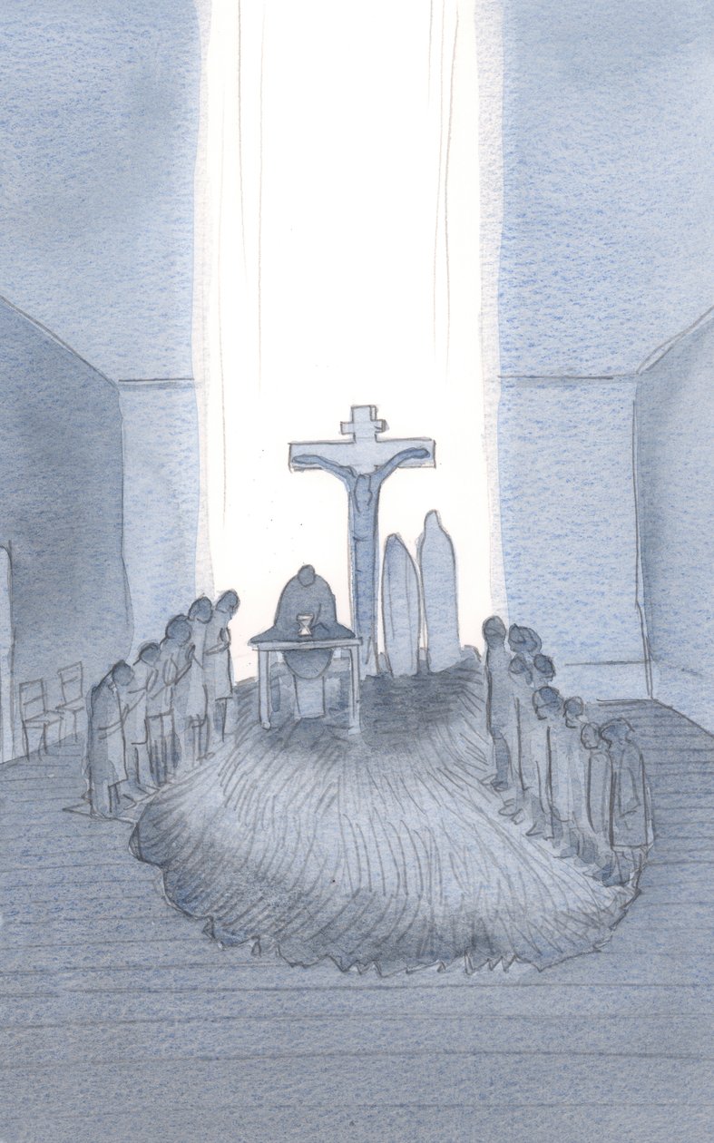 När vi närvarar och frambär det ena, respektingivande offret, finner vi Golgata, här vid altaret., 2001 (w/c på papper) av Elizabeth Wang