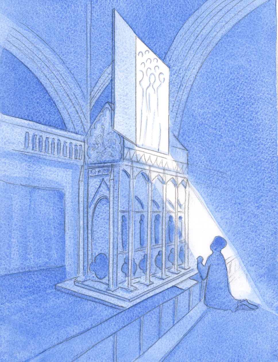 När vi hedrar Gud och hans heliga, vid en helgedom helgad av kyrkan eller reliker eller martyrdöden eller sedvänjor, "tjatar" de heliga av glädjen att hjälpa oss, 2002 (w/c på papper) av Elizabeth Wang