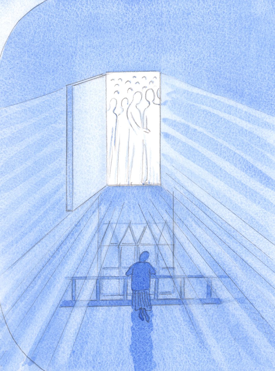 När vi hedrar Gud och hans heliga, vid en helgedom helgad av kyrkan eller reliker eller martyrdöden eller sedvänjor, "tjatar" de heliga av glädjen att hjälpa oss, 2002 (w/c på papper) av Elizabeth Wang