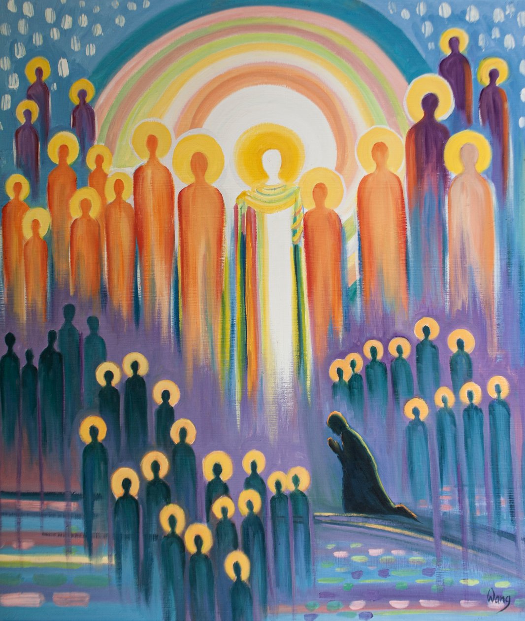 När vi ber vid mässan är vi förenade med Kristus i härlighet och med insamlingen av Hans helgon och skärseldens själar, 2000 (olja ombord) av Elizabeth Wang