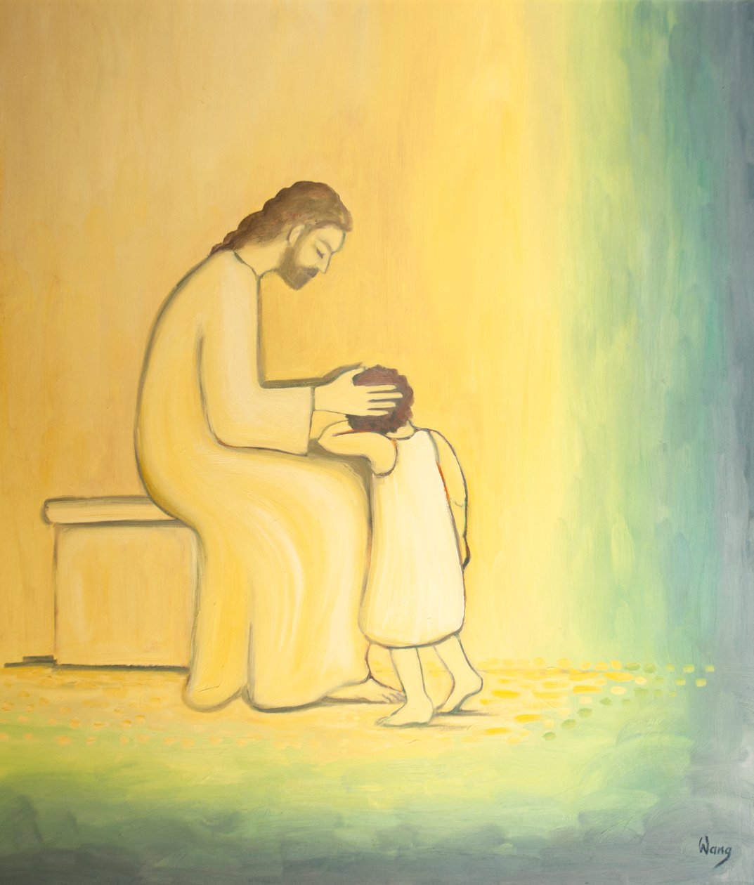 När vi omvänder oss från våra synder ser Jesus Kristus på oss med ömhet precis som när en mor omfamnar sitt barn, 2001 (olja ombord) av Elizabeth Wang