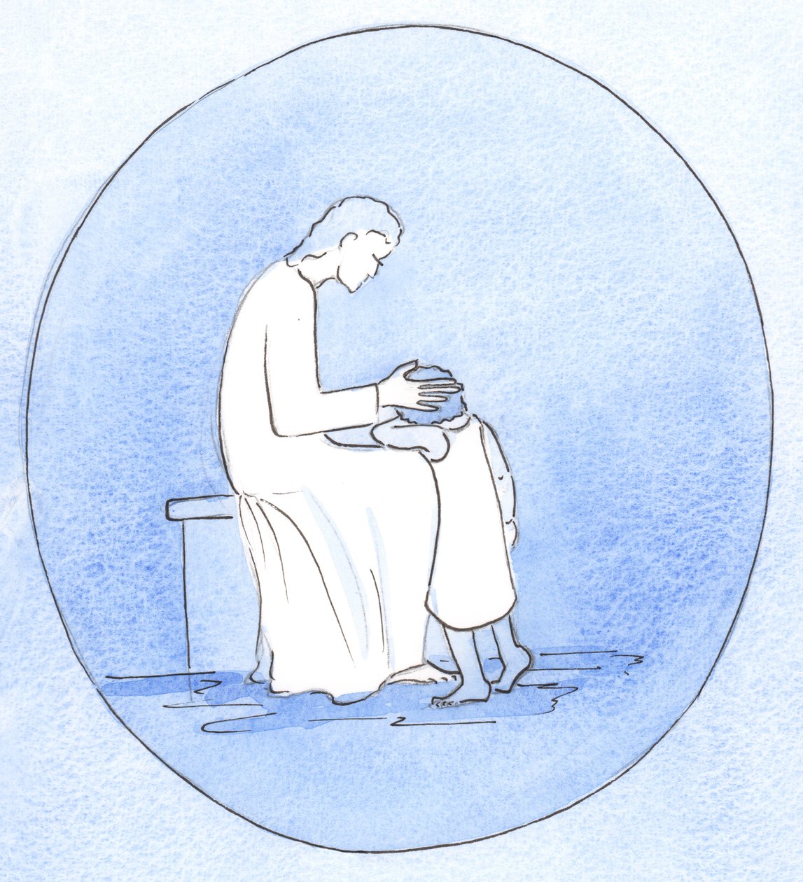När vi omvänder oss från våra synder ser Jesus Kristus på oss med ömhet precis som när en mamma omfamnar sitt barn, 2001 (w/c på papper) av Elizabeth Wang