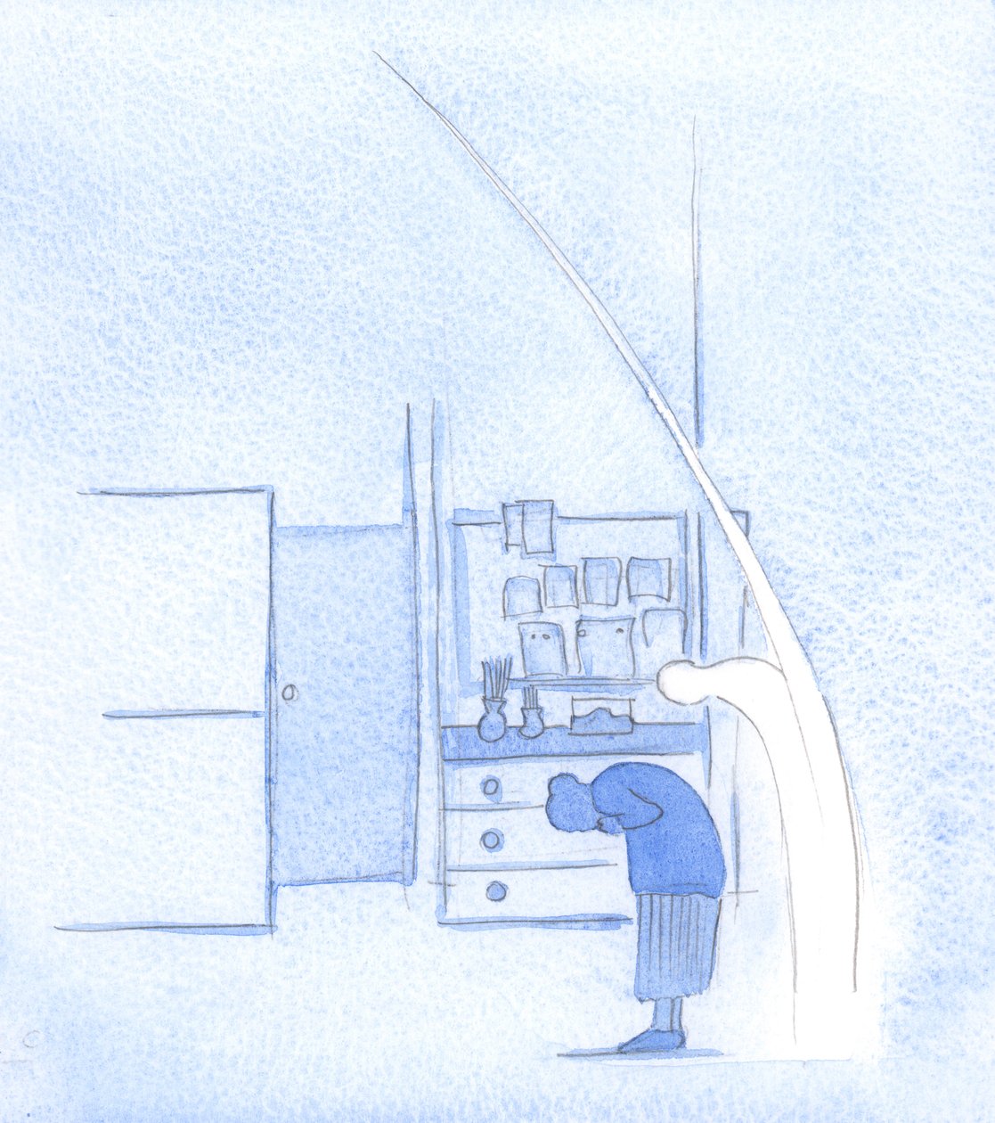 Närhelst jag böjer mig inför den heliga treenigheten, gör min helige ängel detsamma, precis som han ekar varje vördnadsfullt korstecken, 2002 (w/c på papper) av Elizabeth Wang