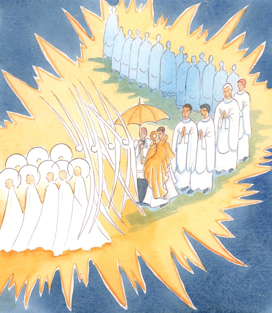 Närhelst vi hedrar Jesu närvaro i det heliga sakramentet ansluter änglarna och helgonen oss i vår tillbedjan, 2004 (w/c på papper) av Elizabeth Wang