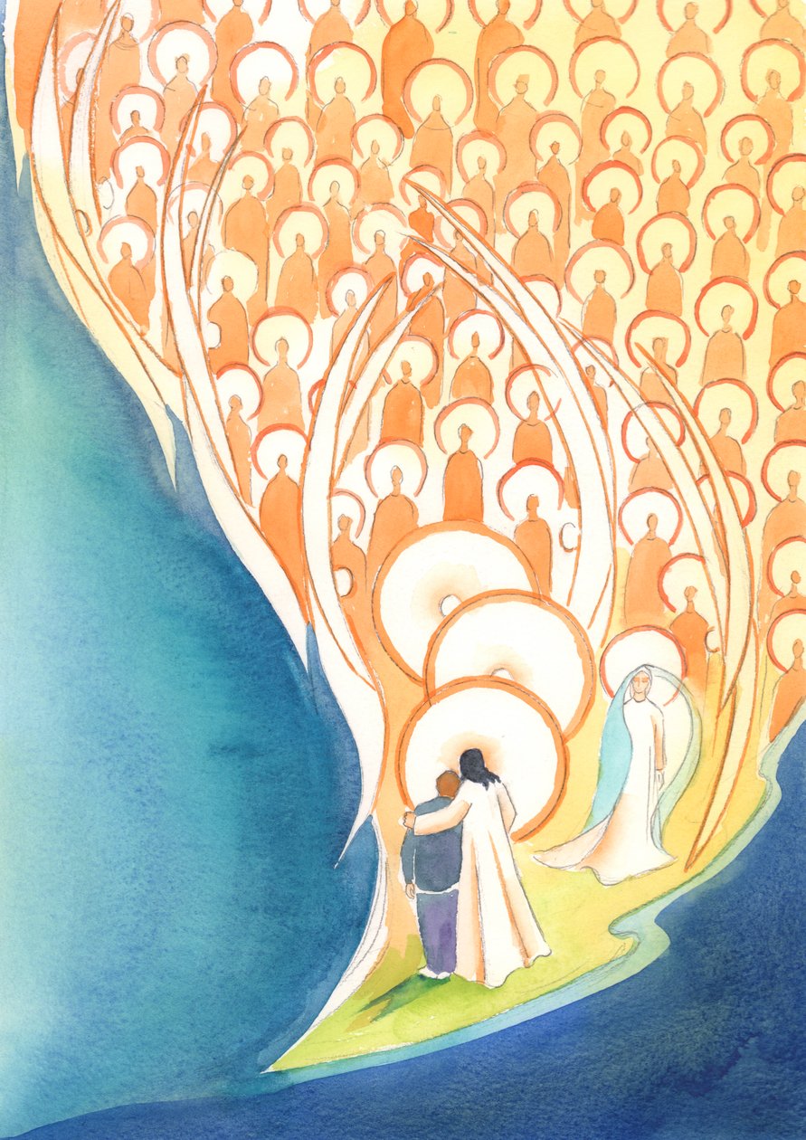 Närhelst vi ber i Jesu namn, även i mörker eller ensamhet, delar vi livet för hela himlens sällskap, 2004 (w/c på papper) av Elizabeth Wang