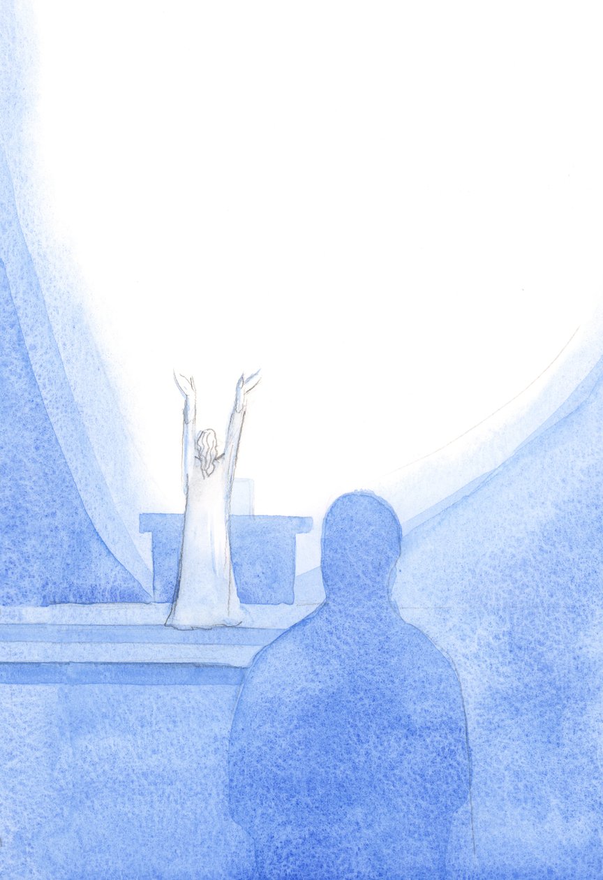 Närhelst vi ber till Fadern, i Kristi namn (förenade med Kristi avsikter) är det som om himlen är öppen för att ta emot oss och vår bön, 2001 (w/c på papper) av Elizabeth Wang