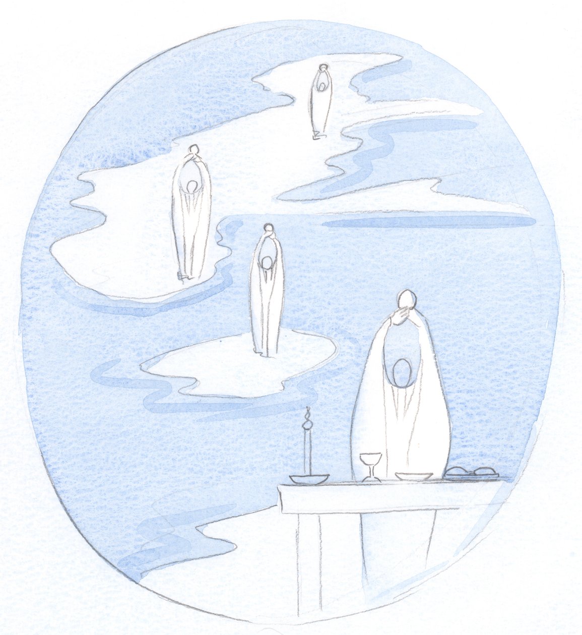 Varhelst en katolsk präst frambär det heliga mässoffret, finns Jesus Kristus, närvarande med sitt folk, 2000 (w/c på papper) av Elizabeth Wang