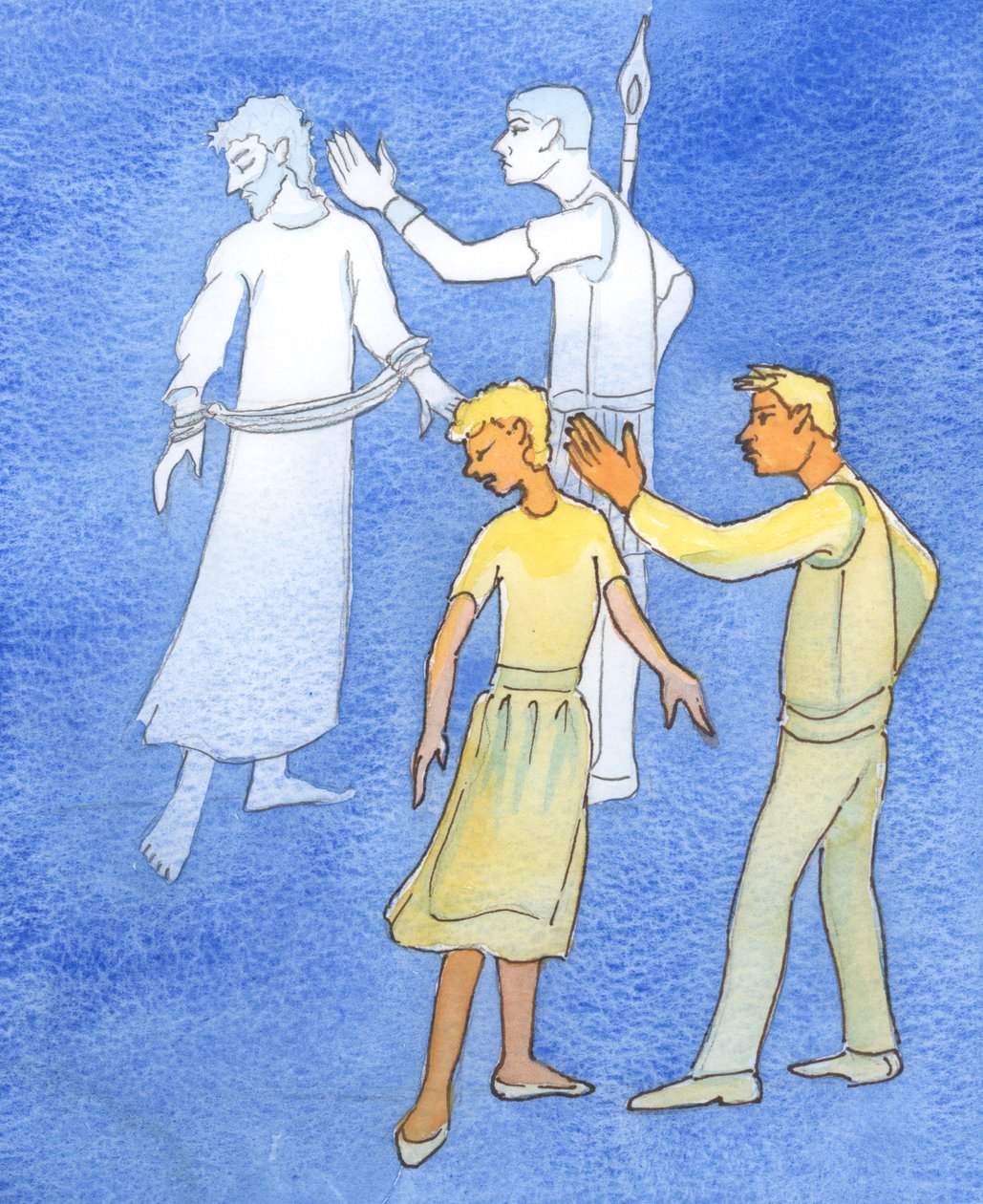 Den som förbannar, slår, överger eller "förstör" en make eller maka förbannar Kristus i hans lidande, 2003 (akvarell på papper) av Elizabeth Wang