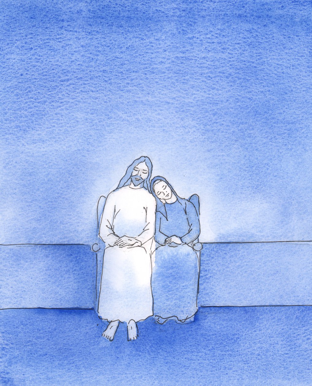 Med ett fridfullt hjärta och ett fridfullt samvete kan en glad Kristi vän "luta sig" mot honom, i nattvarden, 2003 (w/c på papper) av Elizabeth Wang
