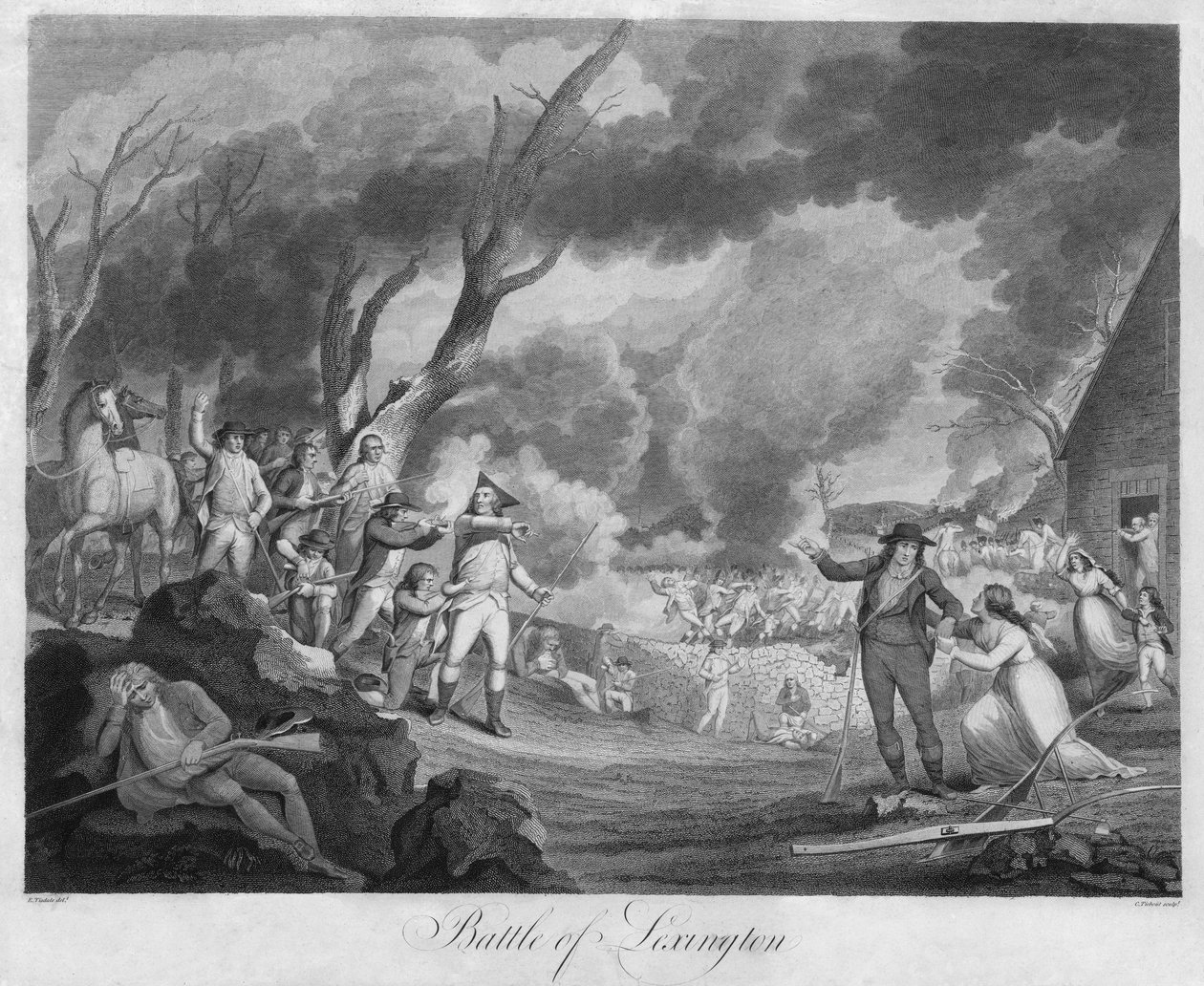 Slaget vid Lexington, graverad av Cornelius Tiebout (1768-1835) (gravyr) av Elkanah (after) Tisdale