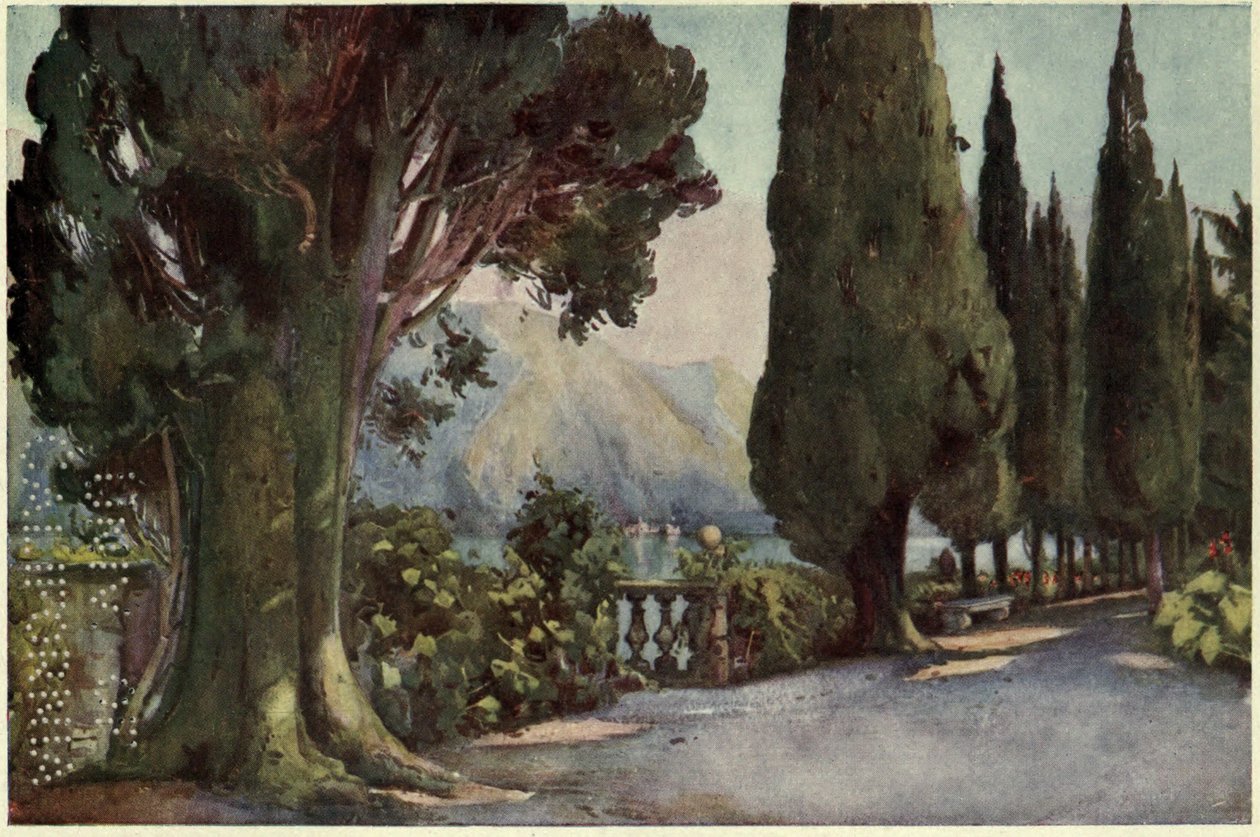 Cypress Avenue, Villa del Pizzo, Lago di Como, Illustration från "De italienska sjöarna" av Richard Bagot av Ella Du Cane