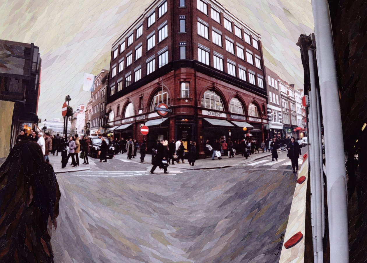 Sväng vänster för Neal Street, 1998 (pappersmosaikcollage) av Ellen Golla
