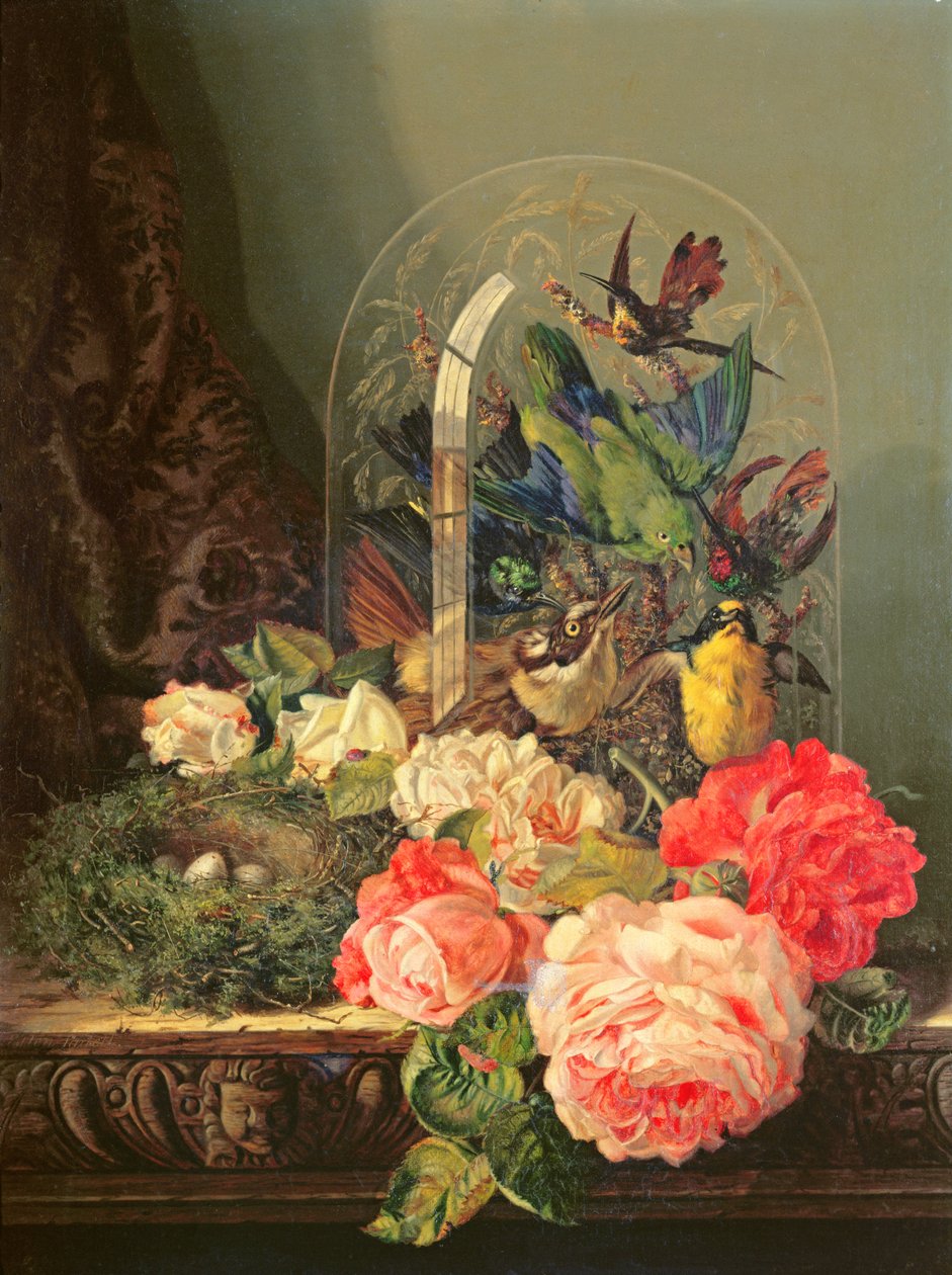 Stilleben av fåglar, blommor och ett fågelbo på ett bord av Ellen Ladell