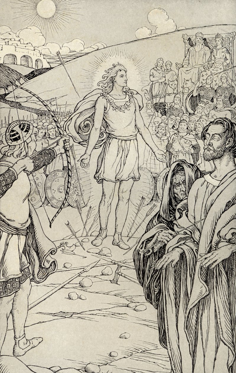 Varje pil överskrider hans huvud, illustration från "Myths from Many Lands", publicerad 1912 av Elmer Boyd Smith