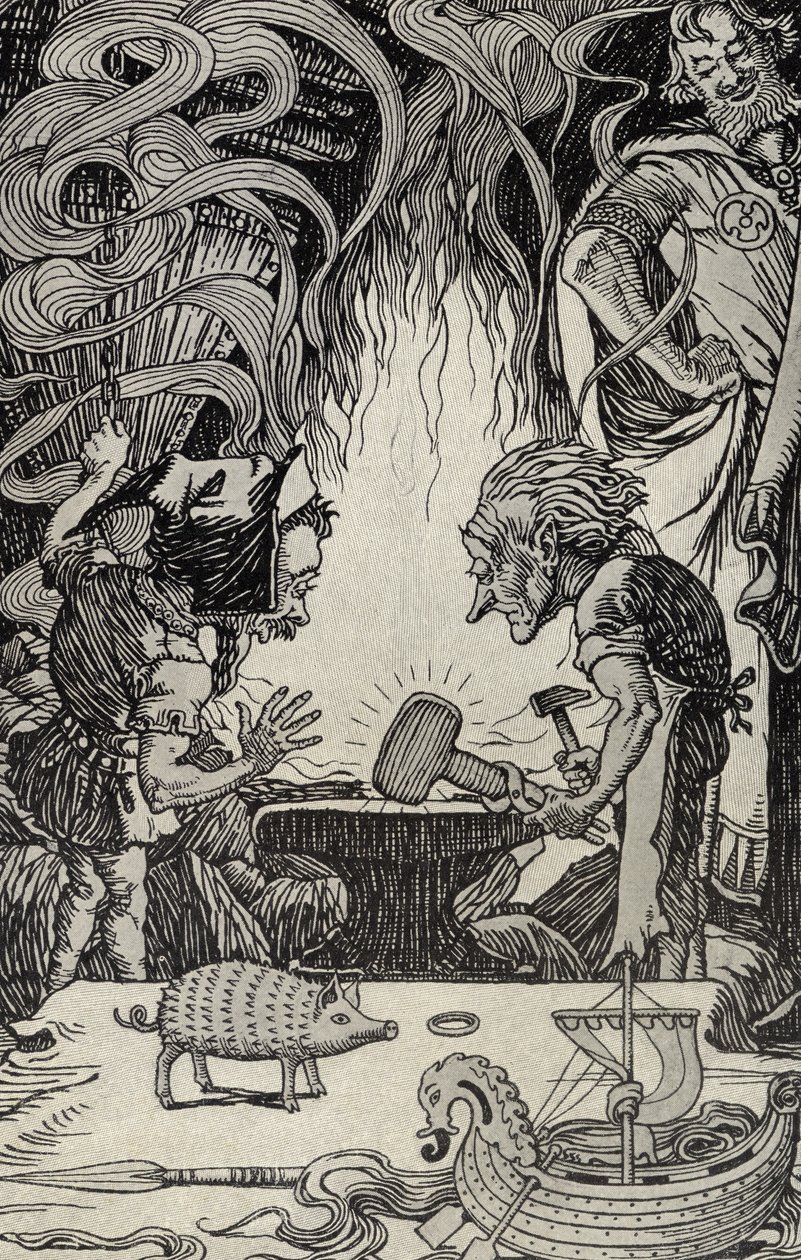 The Third Gift an Enormous Hammer, illustration från Myths from Many Lands, publicerad 1912 av Elmer Boyd Smith